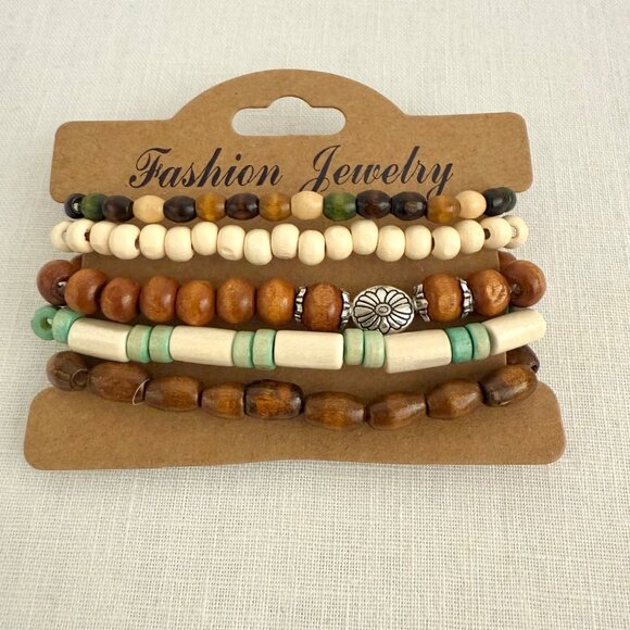 Set Of 5 Wooden Beaded Stretch Bracelets Mixed Natural Colors Bohemian Jewelry - Picture 7 of 8